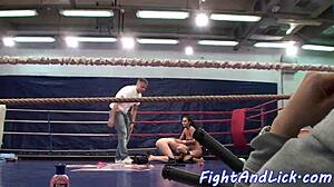 Two cute European lesbians get kinky in a boxing ring
