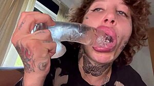Inked babe performs intense oral sex until she cries while using a dildo