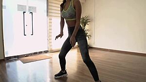Sexy black girl's hot dance routine with shaved pussy and workout belly!