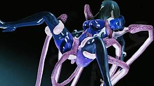 Skyrim karakter met tentakels neukt meisje in PVC laarzen en schoenen